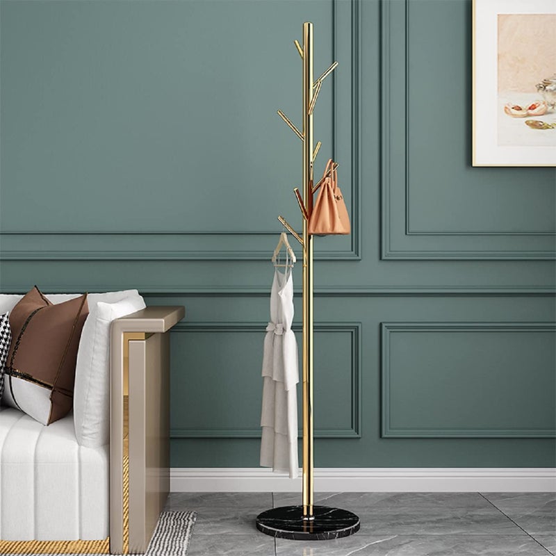 Jolitac Metal Coat Rack Stand Golden Satin Steel Finish Stable Marble Base, High-Grade with Hooks Metal Tree Hat & Coat Hanger Floor Free Standing Wall Bedroom Easy Assembly (Golden) - Image 3